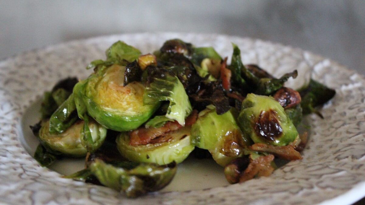 Roast brussels sprouts with crispy bacon and toasted pistachios