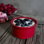 Delicious homemade yogurt, topped with blueberries