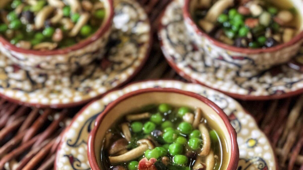 Pioppino mushroom soup with spring peas, pancetta and green onions; make in just 20 minutes!