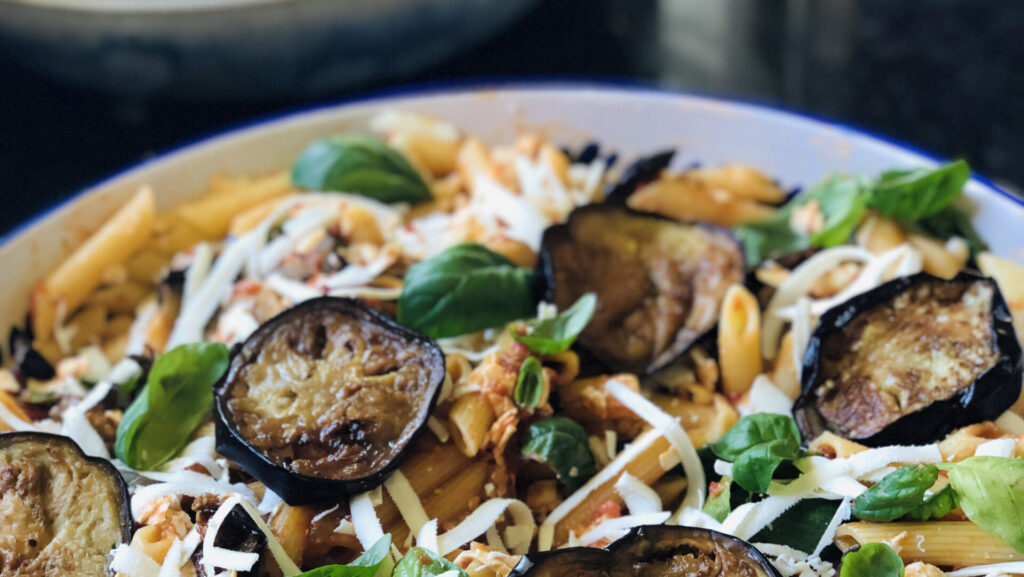 Penne Norma pasta with eggplant is a luscious Sicilian dish.