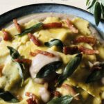 Radicchio Ravioli with Chestnut Cream, Sizzled Pork Jowl and Fried Sage secondi dish