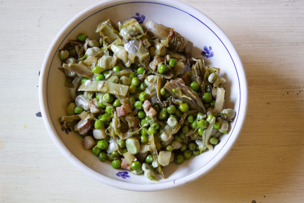 Vignarola is a celebration of spring made with artichokes, spring peas and fresh fava beans