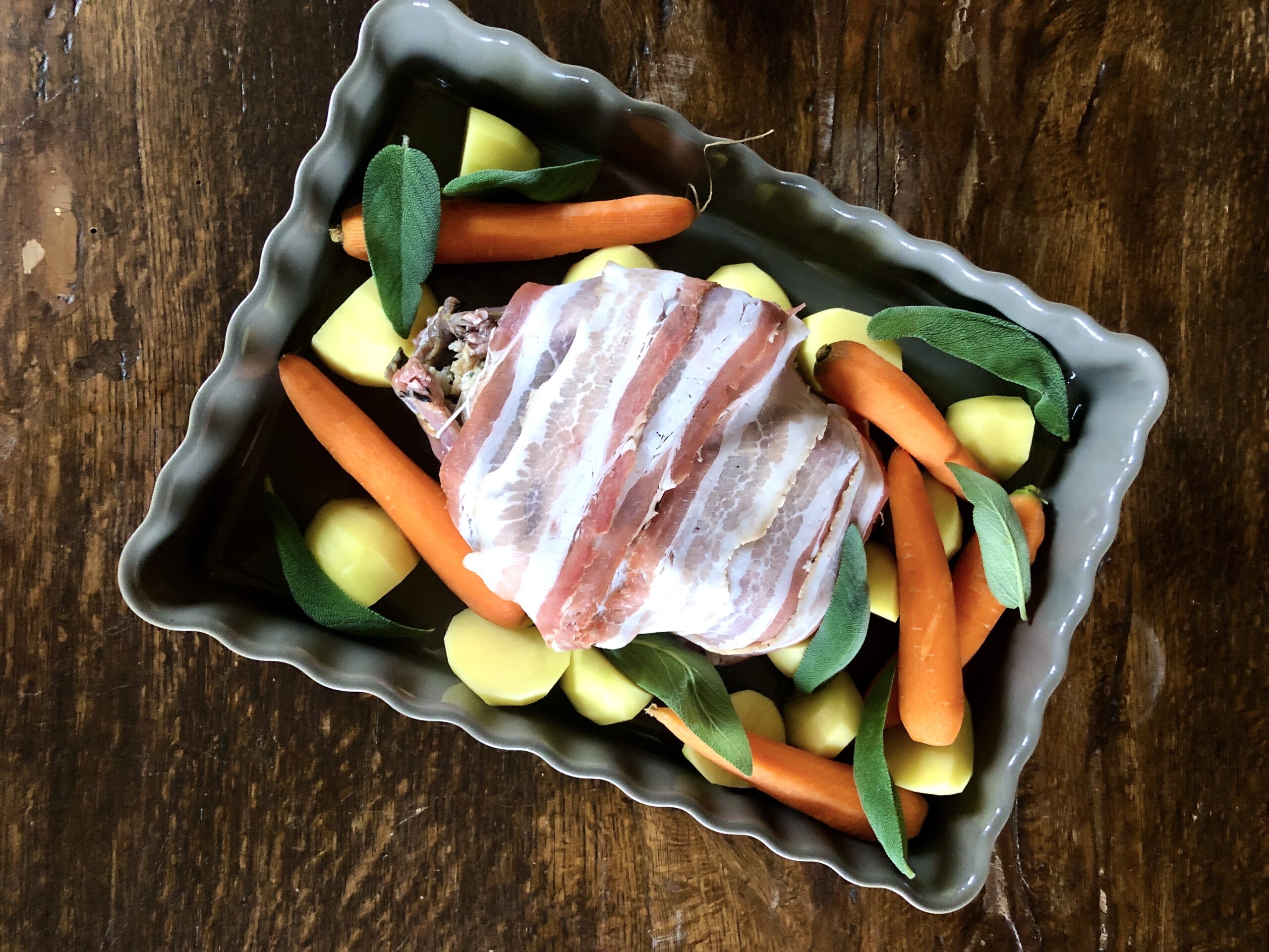 Chestnut, Pancetta, and Sage Stuffed Pheasant with Roast Vegetables